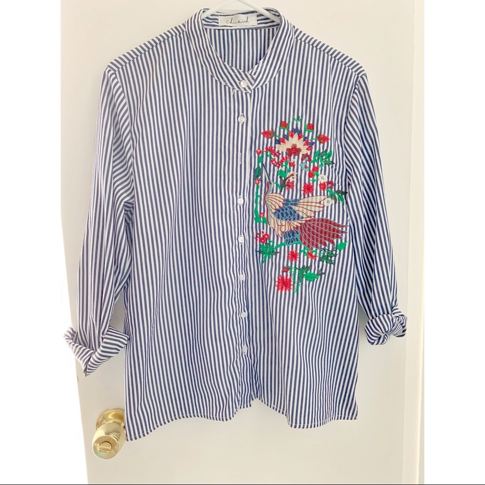 Sprightly Crane Embroidered Shirt in Blue Stripes